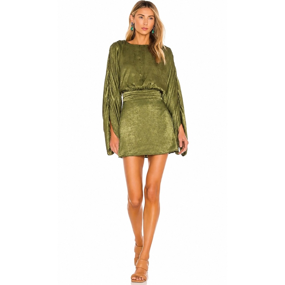 House of Harlow 1960 x REVOLVE Nika Ruched Bell Sleeve Olive Mini Dress M
